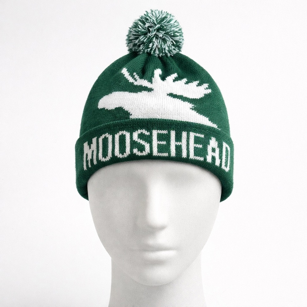MOOSEHEAD Knit Pom Beanie Green White Moose Logo Winter Hat